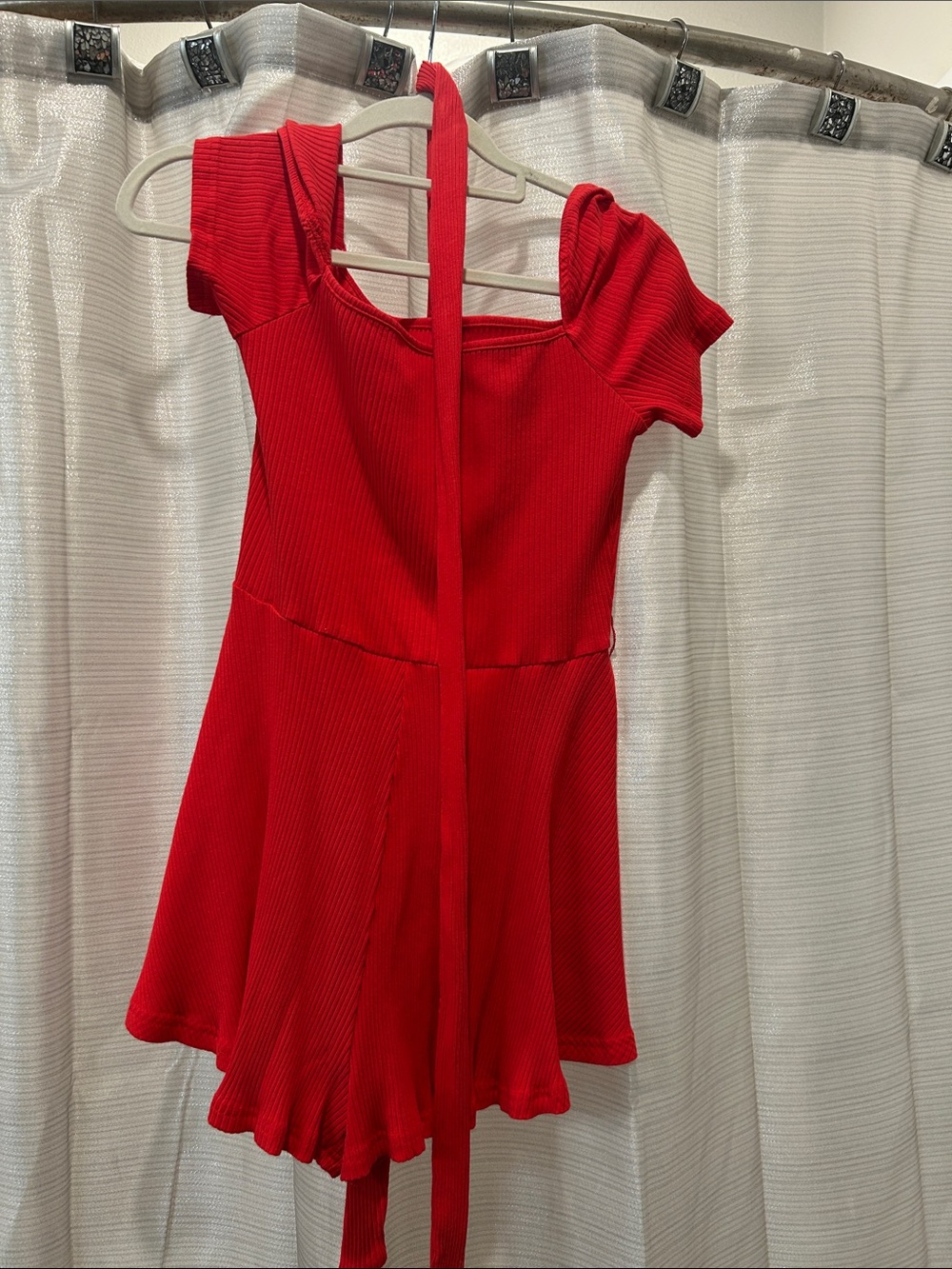 Red Ribbed Fit-and-Flare Short romper with Waist Tie (removable)